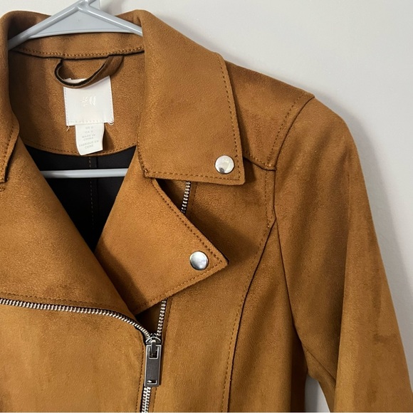 H&M Faux Suede Moto Jacket Camel Size 0 XS Classic Chic Urban Streetwear Edgy - Picture 7 of 11